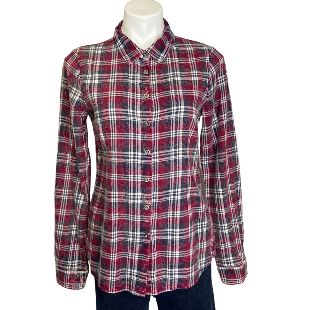 WHITE CROW BUCKLE Plaid Button Down Shirt Lace Back Medium Red Gray White